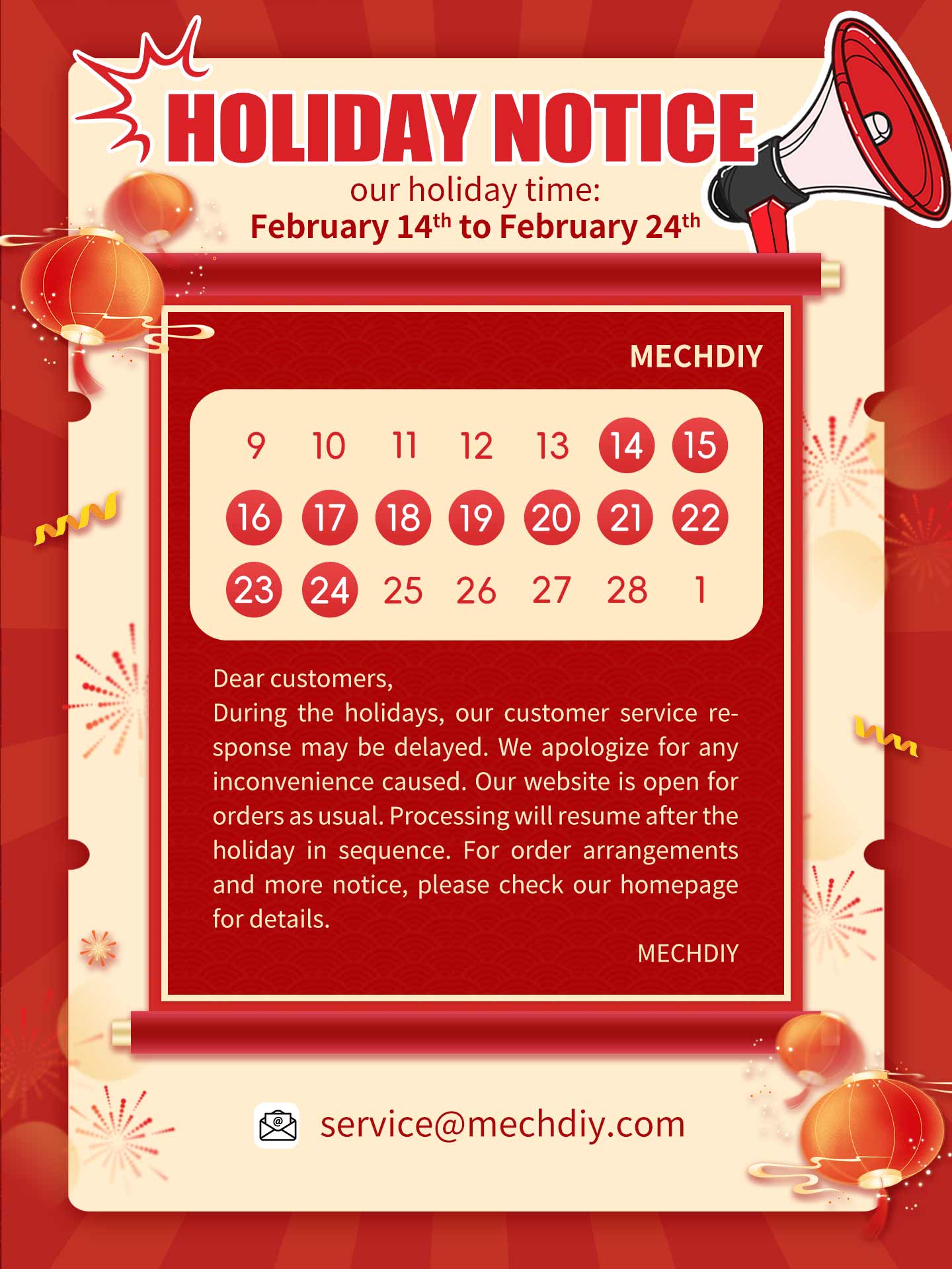 Mechdiy Spring Festival Holiday Notice