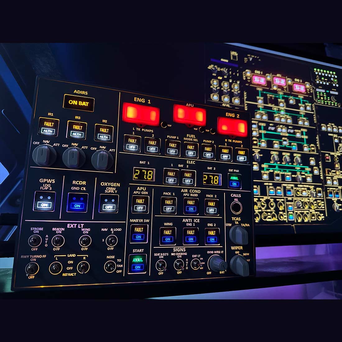 Rowsfire A107 A320pro/A320 MAX Light Overhead Panel (OVH) -Backlit+Metal Houseing+Tactile Switches Edition